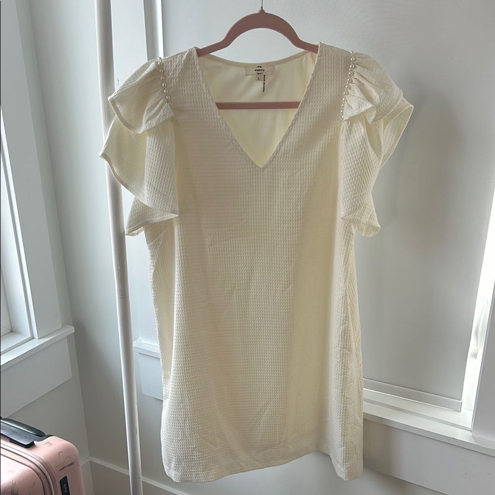 Entro V-Neck dress puffy ruffle pearl sleeves size L